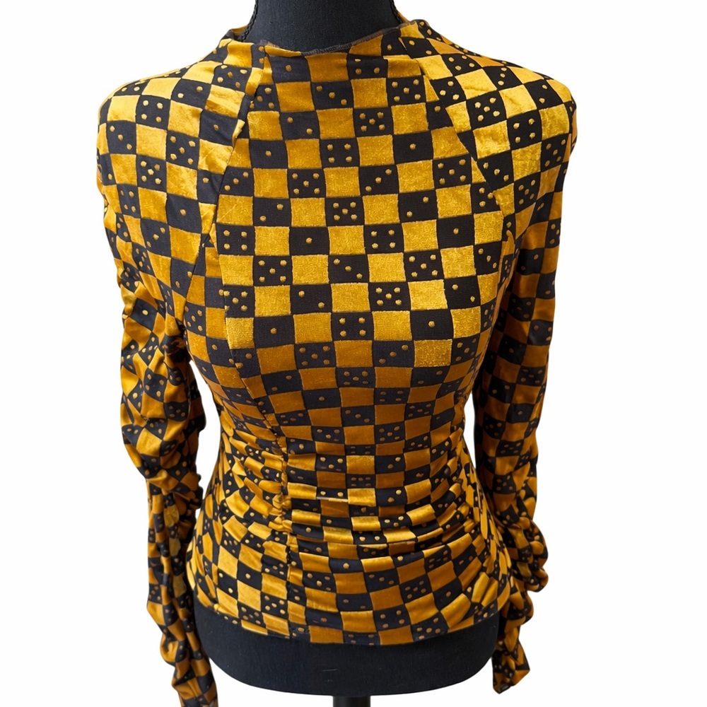 NWOT Urban Outfitters Gold Black Checkerboard Ruched Mesh Top Y2K Small